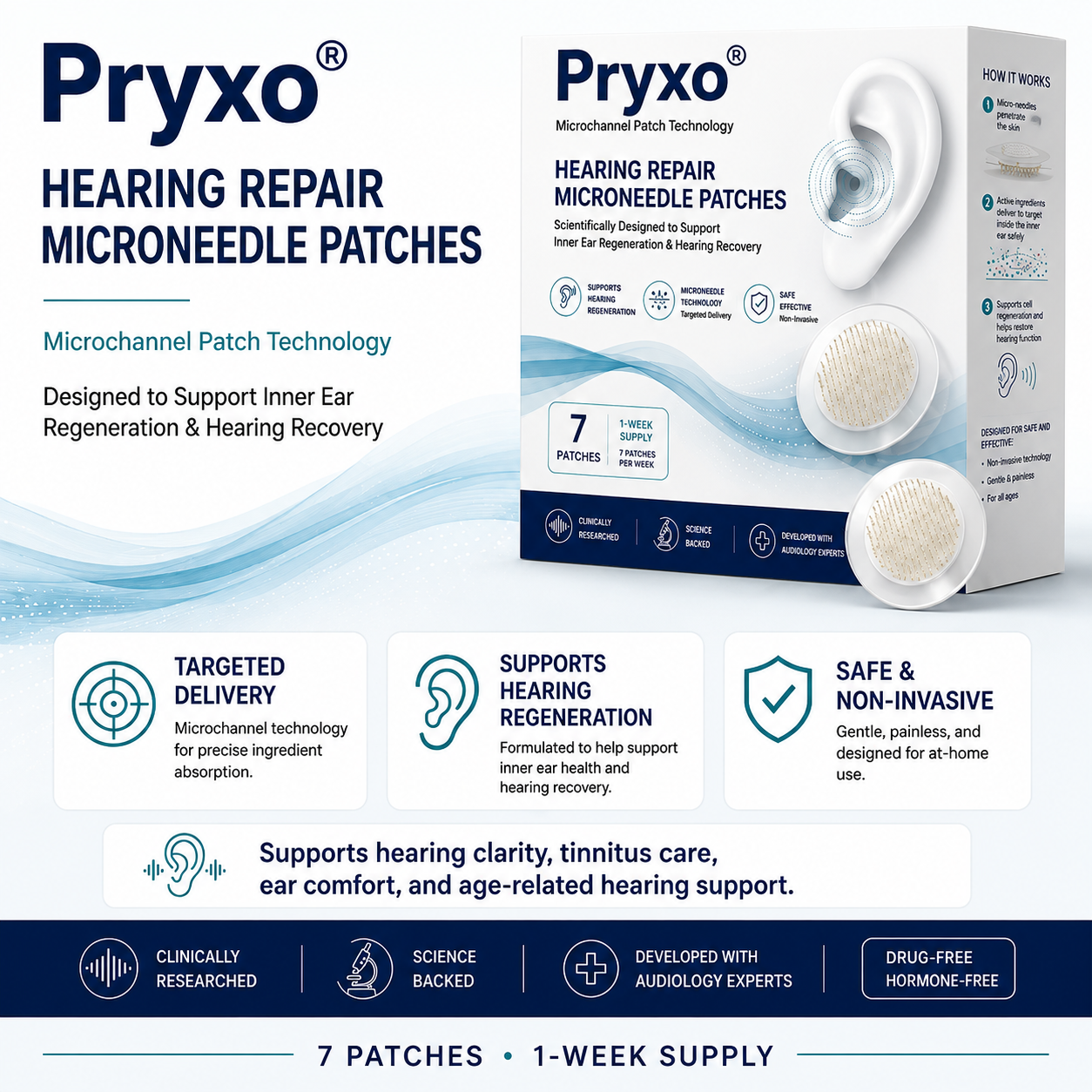 Pryxo® HEARING REPAIR MICRONEEDLE PATCHES ✅ Targets Hearing Loss, Tinnitus, Ear Infections, Balance Disorders, and Age-Related Ear Degeneration.