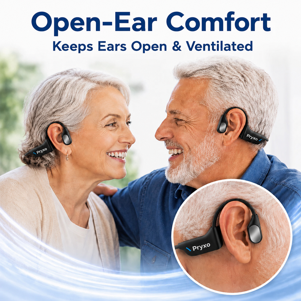 Older couple wearing Pryxo open-ear hearing devices