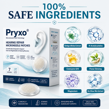 Pryxo® HEARING REPAIR MICRONEEDLE PATCHES ✅ Targets Hearing Loss, Tinnitus, Ear Infections, Balance Disorders, and Age-Related Ear Degeneration.